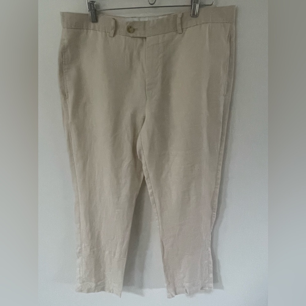 Tailorbyrd Mens 100% Linen Beige 38x32 Relaxed Fit Flat Front Pants